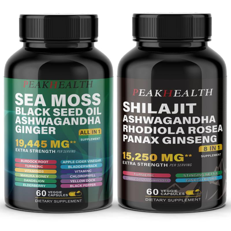 PEAKHEALTH Sea Moss & Shilajit Dynamic Vitality Bundle - 60 Count, All-In-One Daily Support for Wellness Routine - Edible, Fitness Supplement Dietary